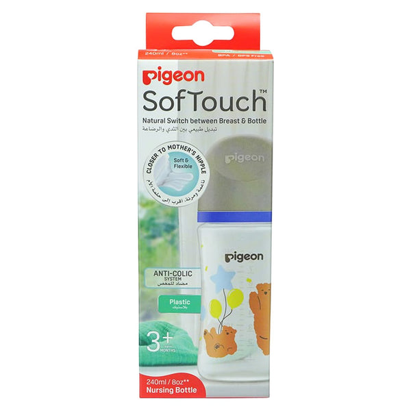 Pigeon SofTouch Wide Neck Plastic Nursing Bottle Grey 240ml 3+ Months