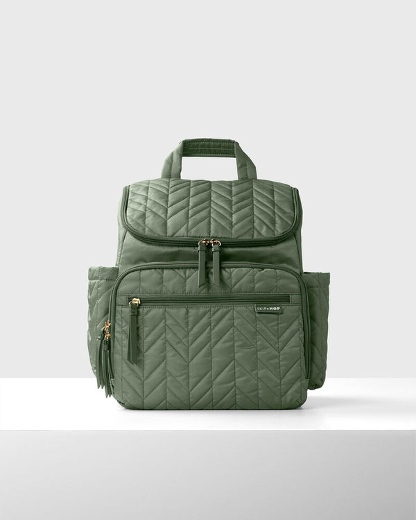 Skip Hop Forma Quilted Diaper Backpack Sage with Insulated Bottle Cube